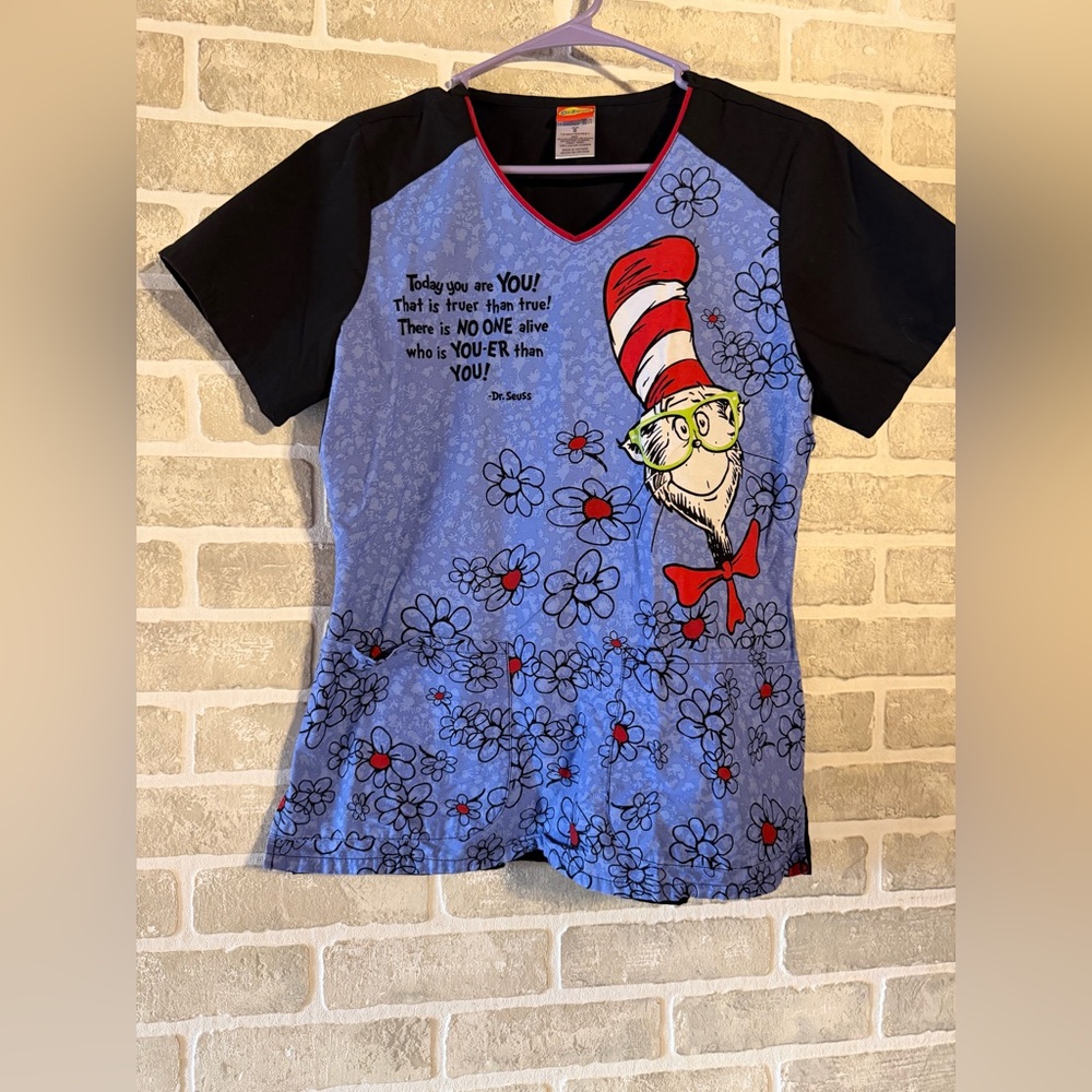 Dr. Seuss Blue and Black Short Sleeve Scrub Top